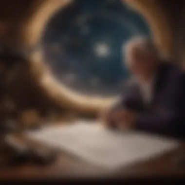 An astrologer analyzing charts with a telescope and notes