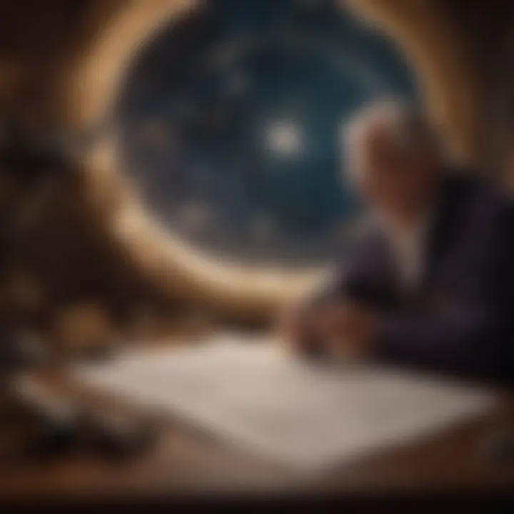An astrologer analyzing charts with a telescope and notes
