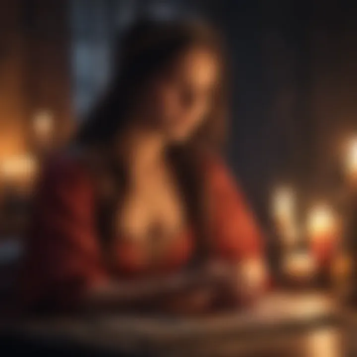 A mystical scene depicting a reader engaging with tarot cards under candlelight.