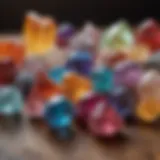 A vibrant arrangement of various healing crystals on a natural wood surface, highlighting their unique colors and textures.