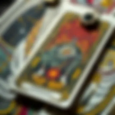 Close-up of tarot cards with symbols and imagery