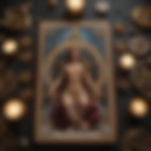 An intricate tarot card spread displaying the Eva Tarot deck with mystical symbols.