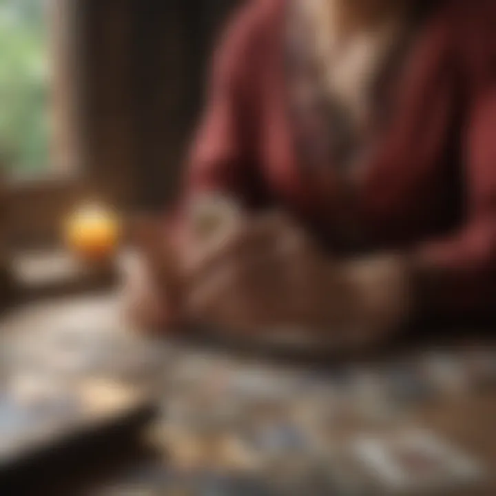 A person engaged in a tarot reading session with scattered cards