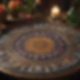 A mystical tarot card spread on a lotus-patterned table