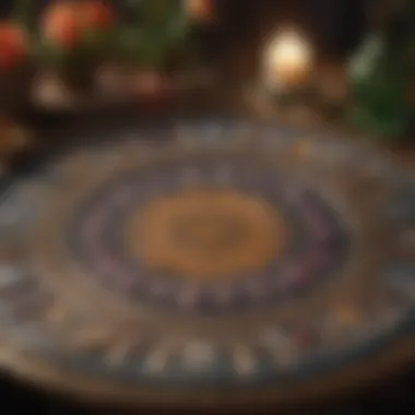 A mystical tarot card spread on a lotus-patterned table