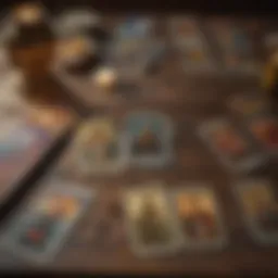 An array of colorful tarot cards spread on a wooden table
