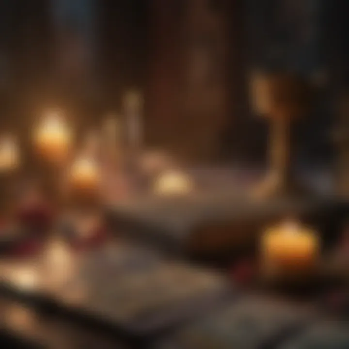 A mystical setting featuring candles and crystals next to tarot cards
