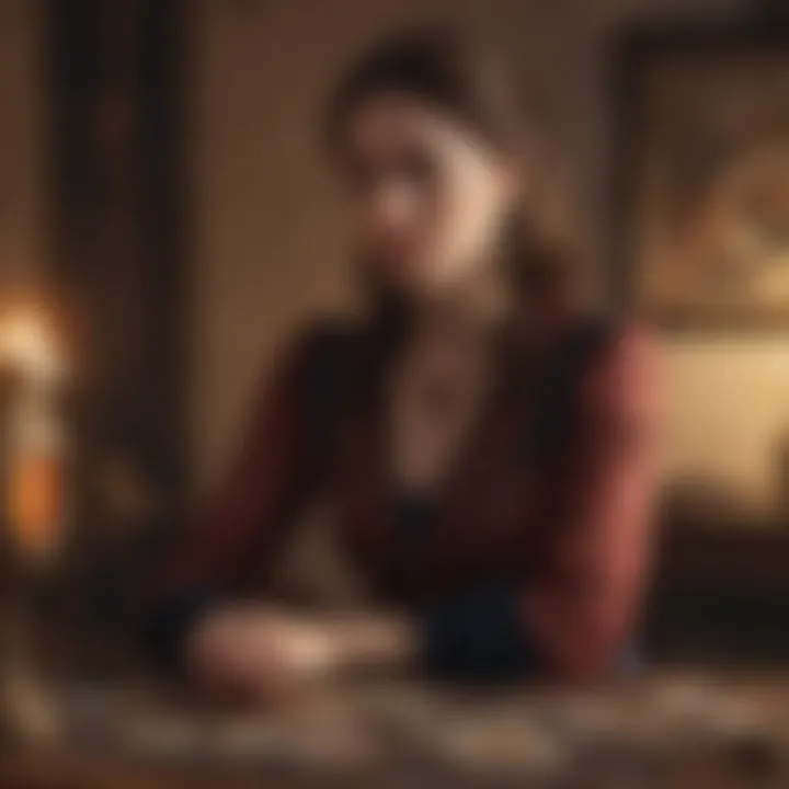A serene individual contemplating tarot cards in a tranquil environment
