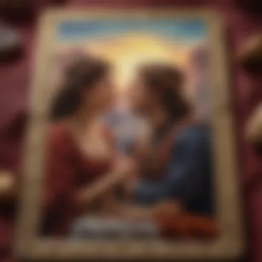 A close-up of a tarot card depicting the Lovers, representing choices and relationships.