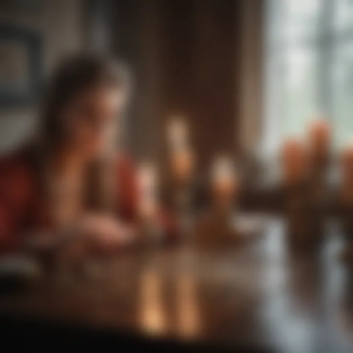 A serene setting for a future teller card reading, with candles and crystals.