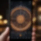 A close-up of a smartphone displaying a horoscope app interface with celestial graphics.