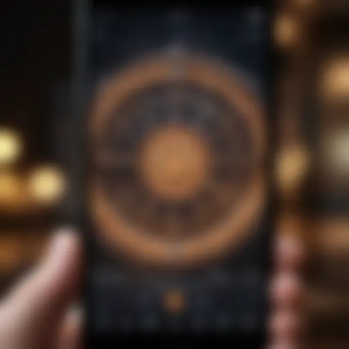 A close-up of a smartphone displaying a horoscope app interface with celestial graphics.