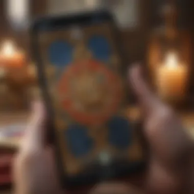 A smartphone displaying a tarot reading app with vibrant graphics