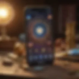 A smartphone displaying various psychic reading app icons on the screen with astrological symbols in the background.