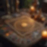 An intricate tarot card spread laid out on a mystical table.