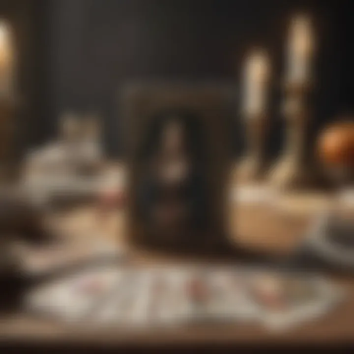A detailed illustration of a tarot spread that incorporates playing cards to depict layered meanings.
