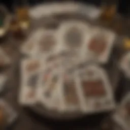 A spread of playing cards arranged for tarot reading