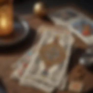 Close-up of tarot cards with financial themes