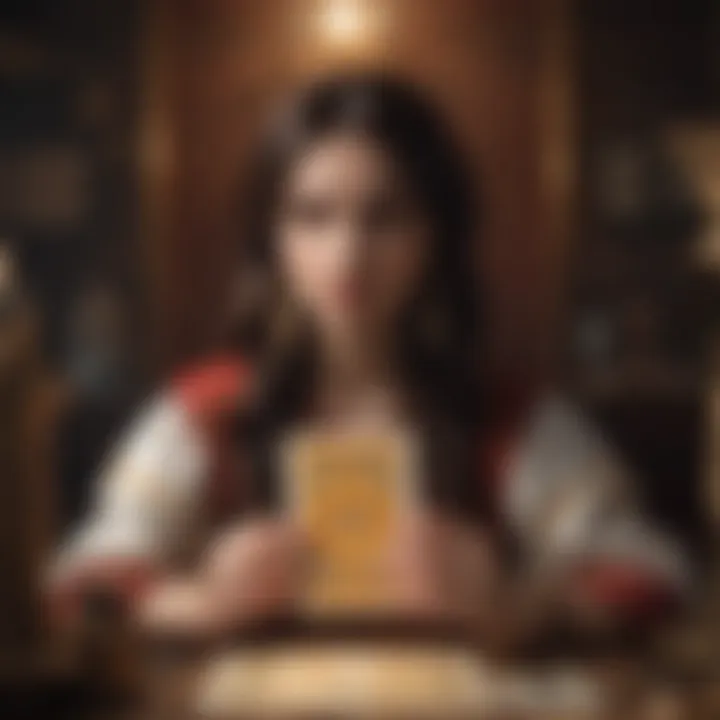 A focused tarot reader interpreting cards for a client