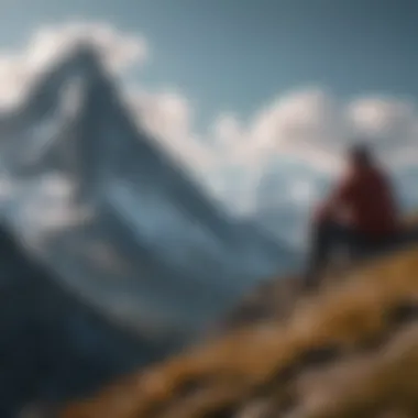 A person gazing upward towards a mountain peak representing goals