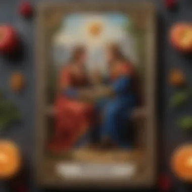 A close-up of a tarot card depicting love and reconciliation themes