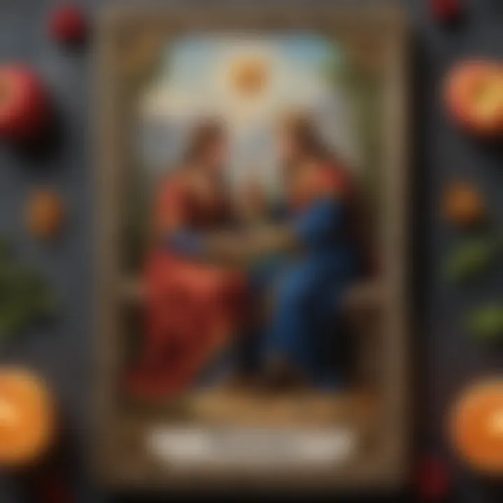 A close-up of a tarot card depicting love and reconciliation themes