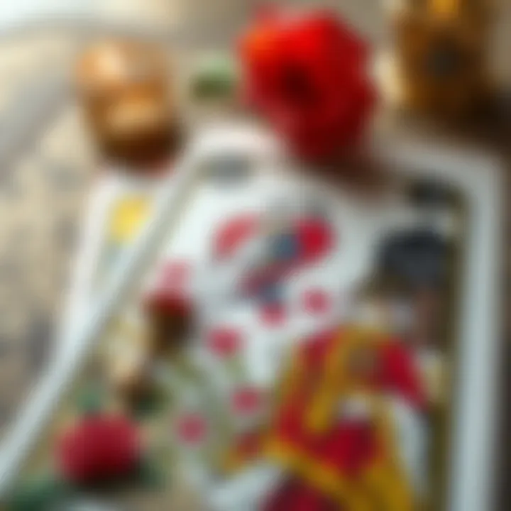 Close-up of a tarot card with romantic symbolism
