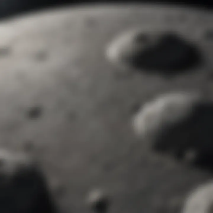 A close-up of the moon's surface, highlighting its craters and textures.