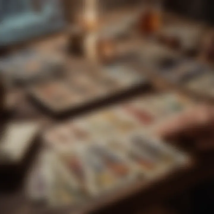 A close-up of tarot cards being shuffled beside a laptop showcasing a tarot reading platform.