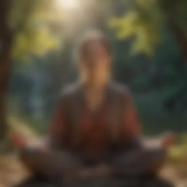 A person meditating amidst nature with a serene aura