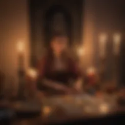 A serene tarot reading setup with candles and crystals