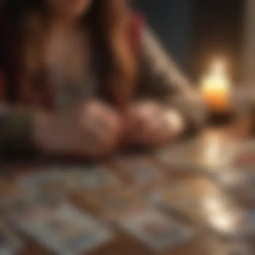 A person contemplating tarot cards spread on a table