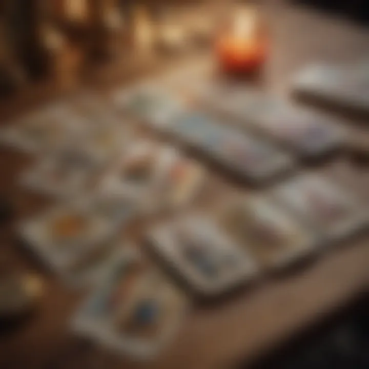 A beautifully illustrated tarot card deck laid out on a wooden table, showcasing various cards.