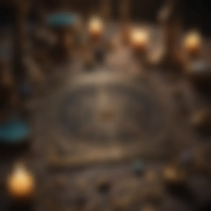 A mystical setting with tarot cards and zodiac elements