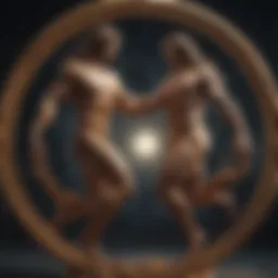 An abstract depiction of Gemini and Leo zodiac signs intertwined in a cosmic dance