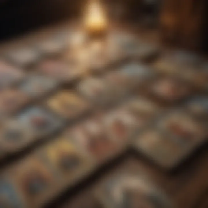 An array of tarot cards spread out, reflecting diverse psychic methodologies.