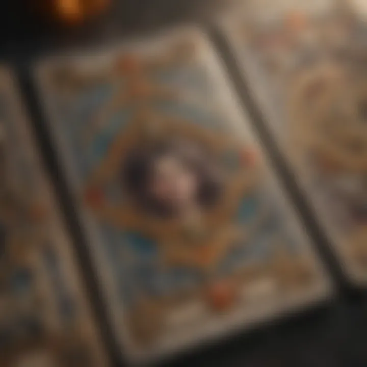 Close-up of tarot cards with intricate designs