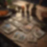 A beautifully arranged tarot spread on a wooden table, showcasing various cards.
