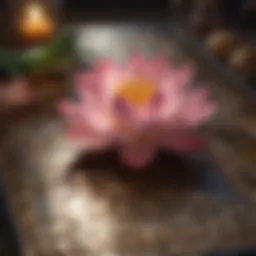 A tarot card spread with intricate designs and a blooming lotus flower in the center