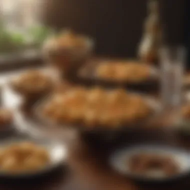 An elegant dining setting featuring fortune cookies as a centerpiece, complementing a vibrant Asian-inspired meal.