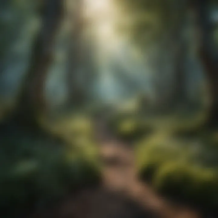 An ethereal forest scene with digital elements weaving through nature