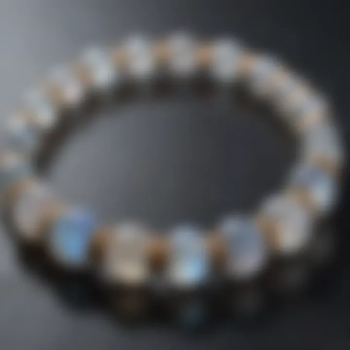 Close-up of a moonstone bracelet showcasing its iridescent sheen