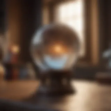The Essence of Clairvoyant Tools A mystical crystal ball on a wooden table reflecting light.