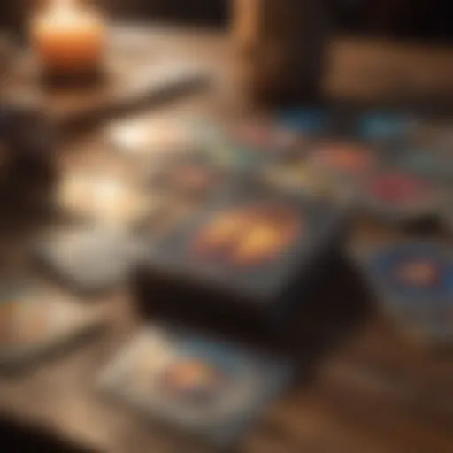 A collection of vibrant oracle cards laid out on a wooden table