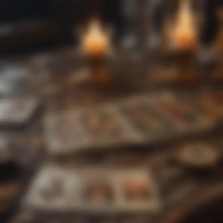 A close-up of a tarot spread illustrating card placements