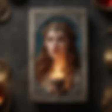 An intricate tarot card featuring symbolism and imagery.