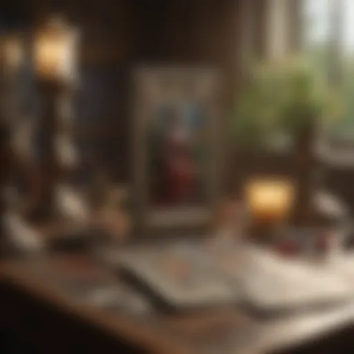 A vintage tarot deck displayed on an ornate table.