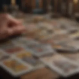 An artistic representation of tarot cards spread on a table, showcasing their intricate designs and symbolism.