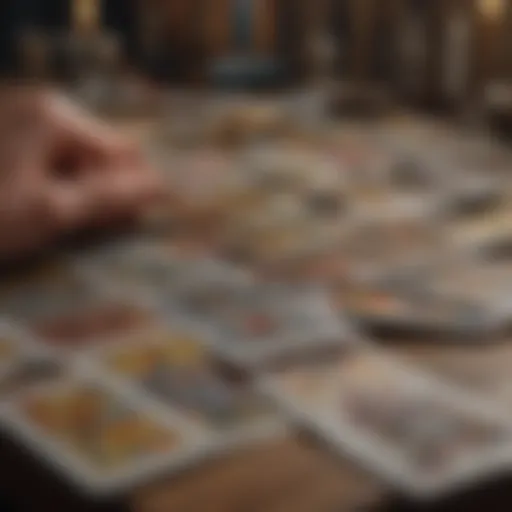 An artistic representation of tarot cards spread on a table, showcasing their intricate designs and symbolism.