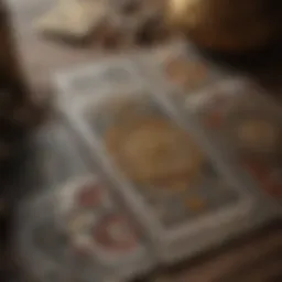 A close-up of tarot cards spread out on a table, showcasing intricate designs and symbols